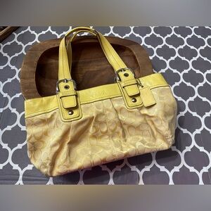 Coach Soho Signature Pleated Satchel yellow canvas /patent leather trim F13742